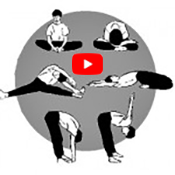 zwart- witte tekeningen van de 6 meridiaanoefeningen en een youtube play knop