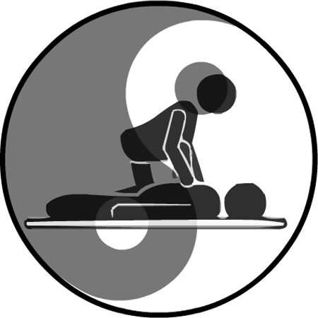 afbeelding van een cirkel met daarin een yin-yang symbool en een icoon van een drukpuntmassage op een futon