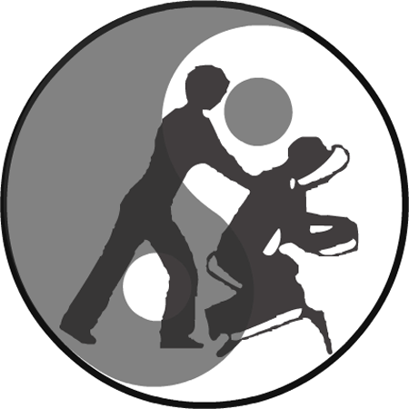 icoon stoelmassage afbeelding van een cirkel met daarin een yin-yang symbool en een icoon van een stoelmassage op een massagestoel